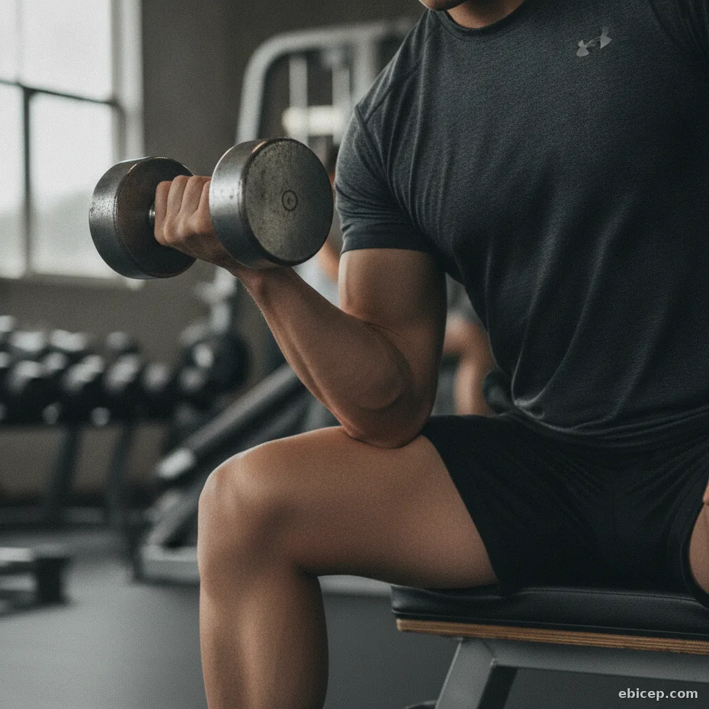 Someone performing a single-arm concentration curl with one dumbbell while seated on a bench