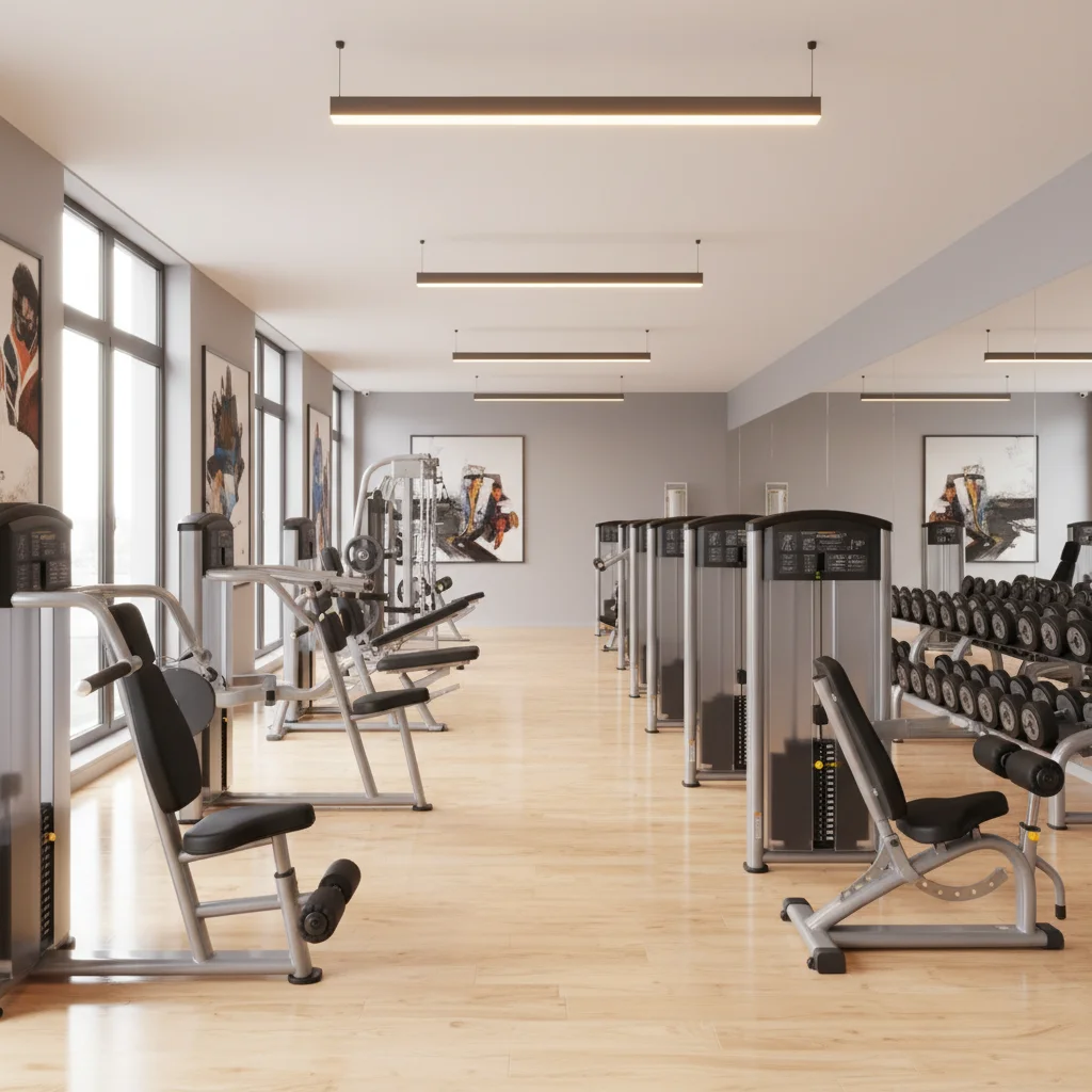 Row of arm training machines in a bright clean commercial gym with multiple curl and extension stations