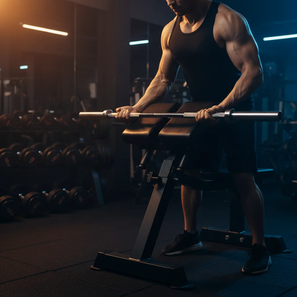 Preacher curl bench setup in a gym with a person positioning their arm on the angled pad with an EZ bar
