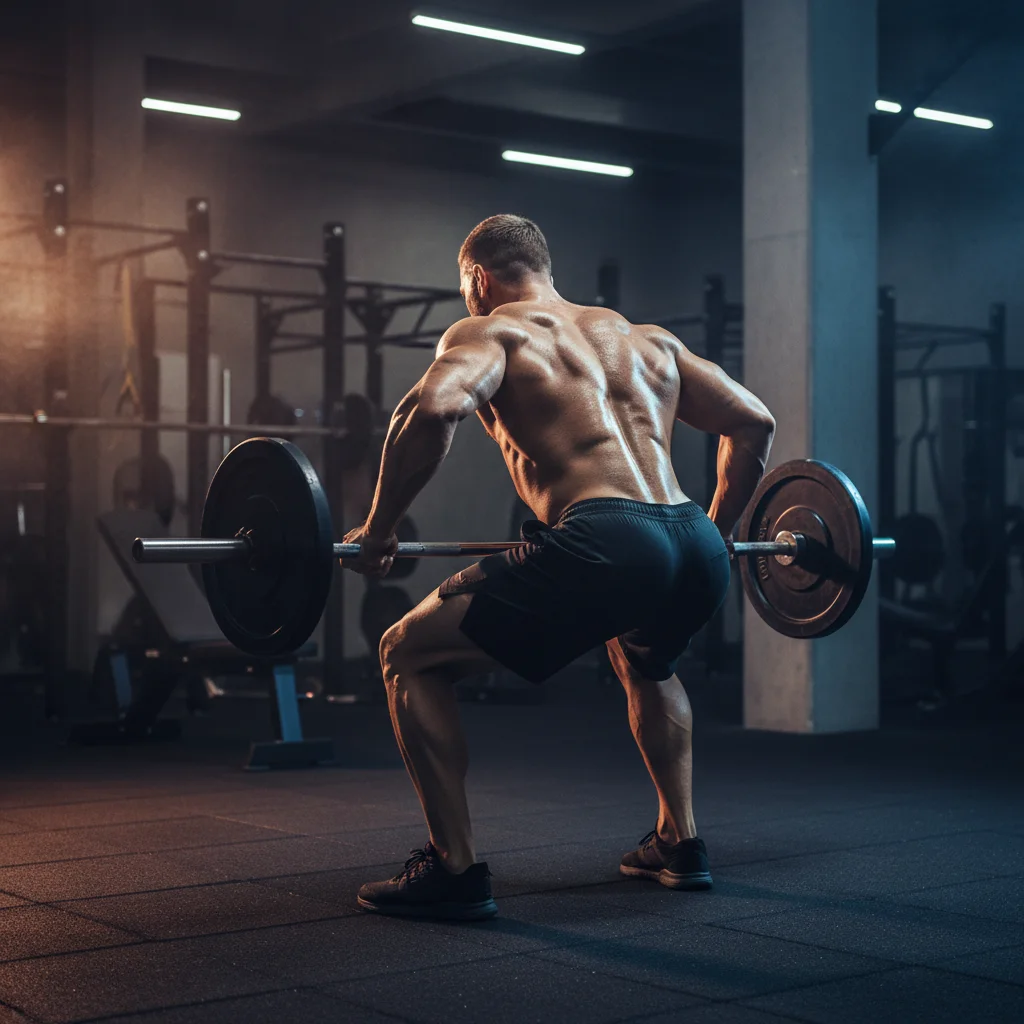Athletic man performing a barbell row during a pull day workout in a gym with dramatic lighting