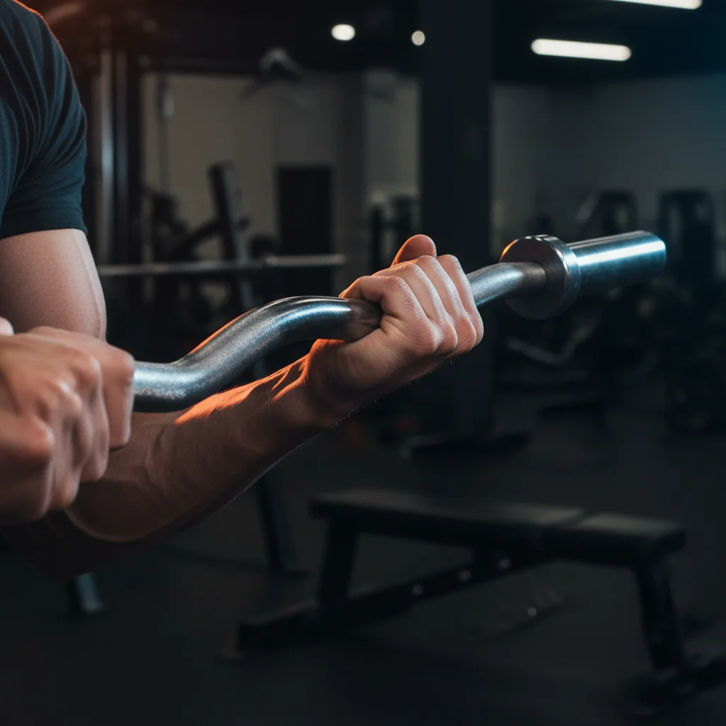 Close-up of hands gripping an EZ curl bar with overhand pronated grip during a reverse curl showing forearm muscles engaged
