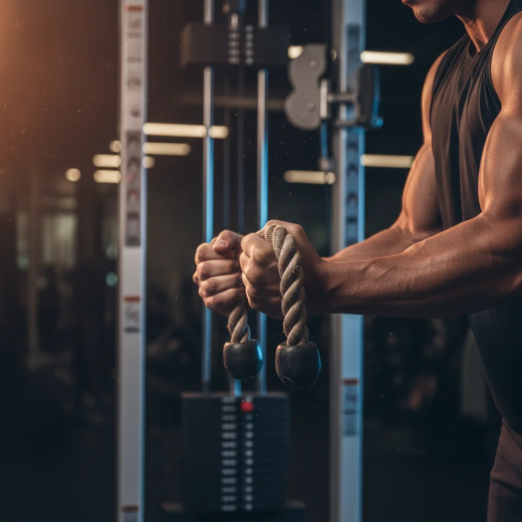 Close-up of hands gripping a rope cable attachment at the top of a hammer-grip curl with the rope ends pulled apart in the split-and-squeeze position