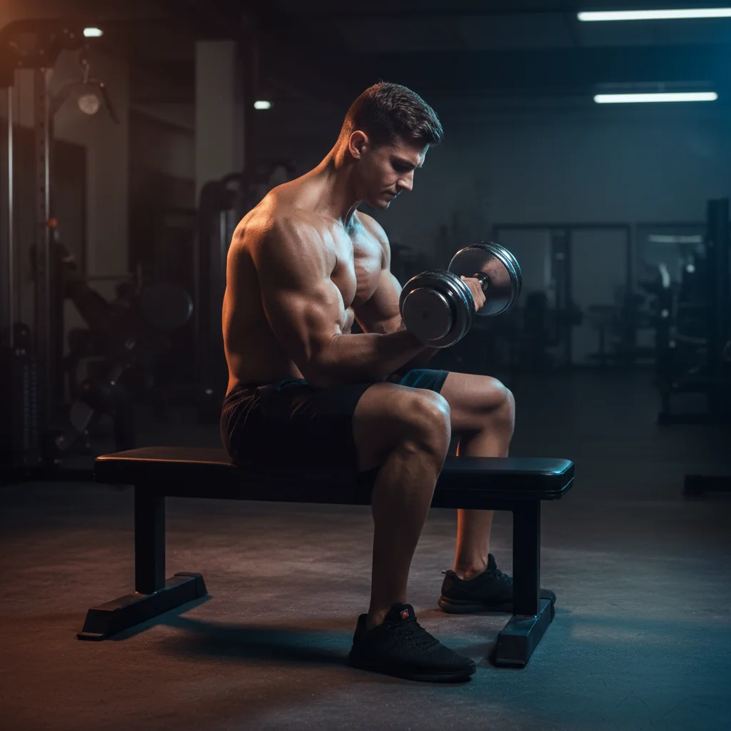Fit person sitting on a weight bench with back support performing a strict seated dumbbell curl with one arm