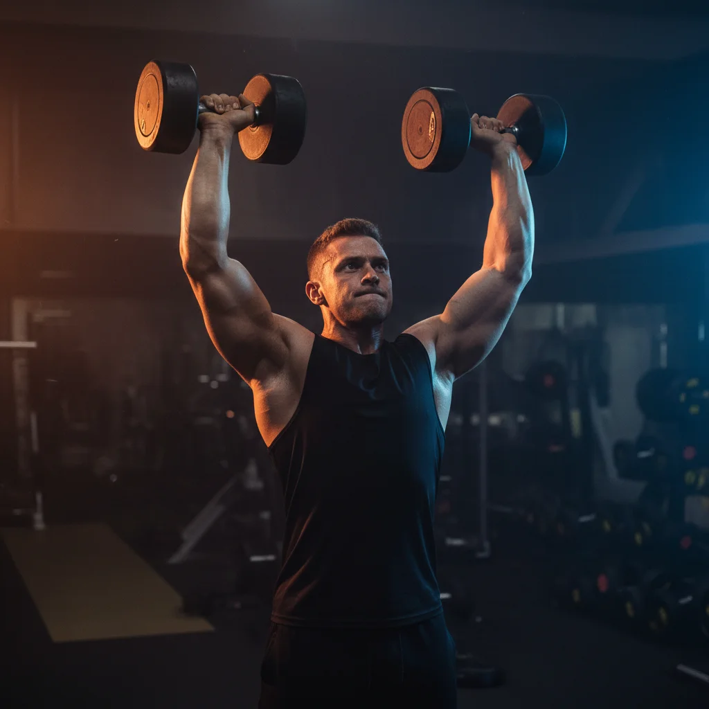 Person performing an overhead dumbbell press showing shoulder and arm muscles engaged with both dumbbells overhead