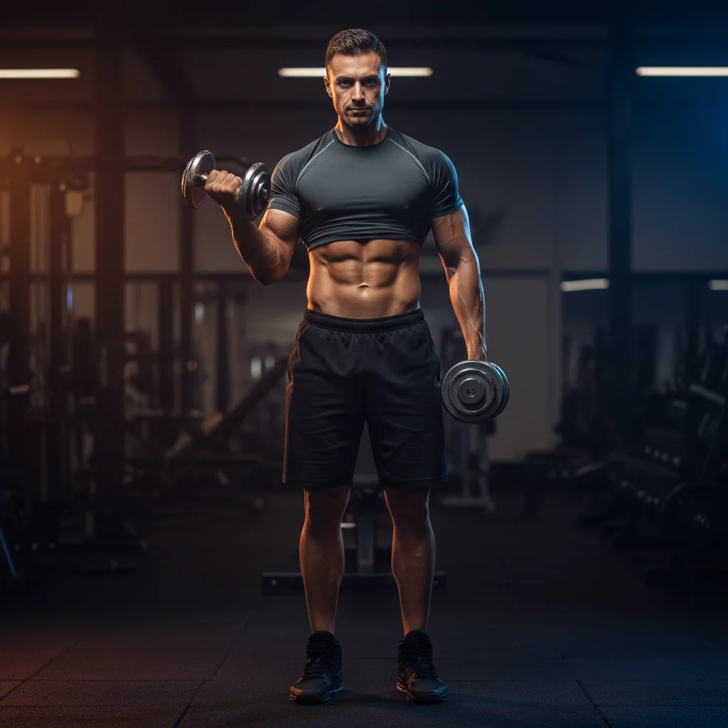 Fit person performing a standing dumbbell bicep curl with perfect form showing supinated palm and elbow pinned to side