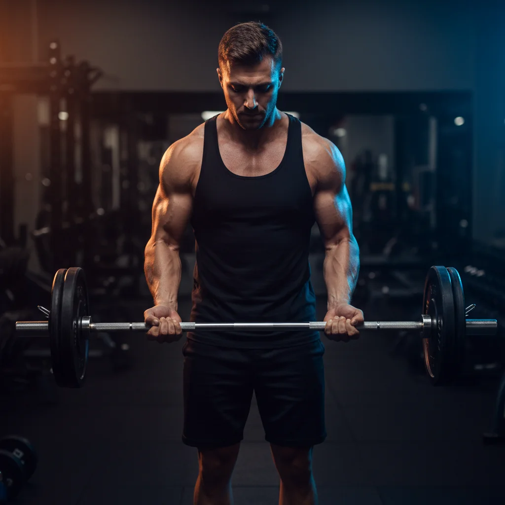Person performing a strict barbell curl with a straight bar showing full supinated grip and bicep contraction