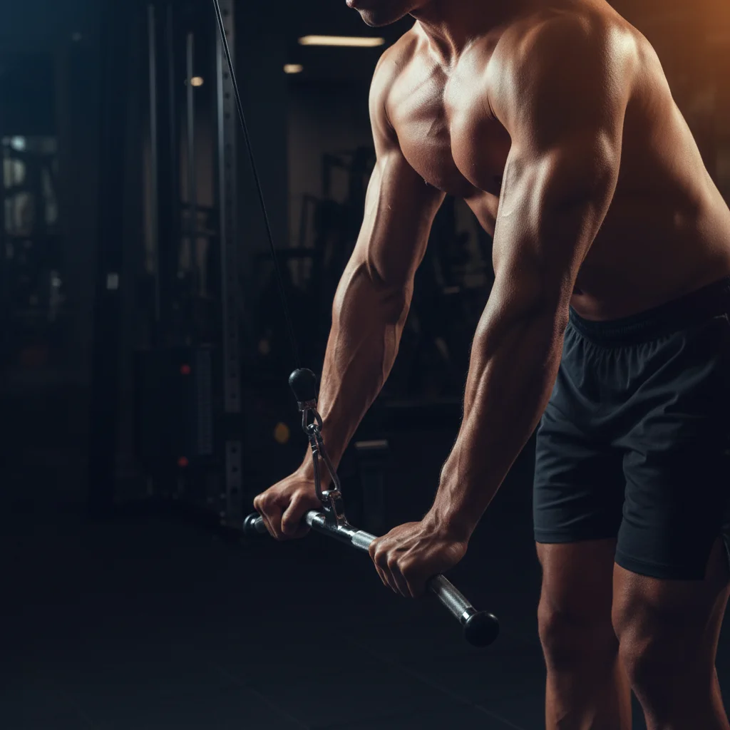 Person performing a cable tricep pushdown at a cable machine with arms extended showing tricep contraction