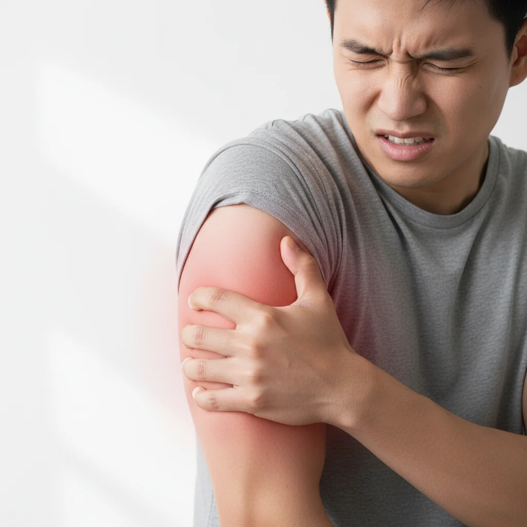 Person gripping their upper arm showing discomfort with subtle indication of pain in the bicep area