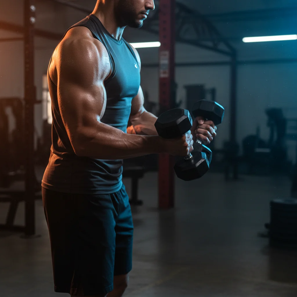 Person performing a Zottman curl at the top rotation point where wrists turn from palms-up to palms-down grip with both dumbbells visible